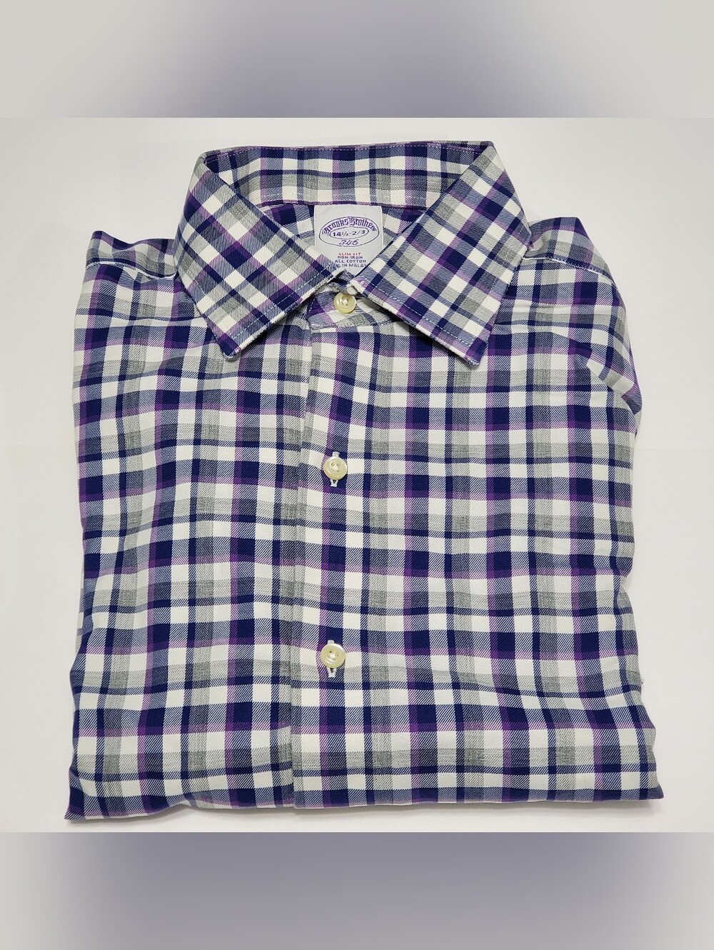 Brooks Brothers 346 Men's Casual Long Sleeve Shirt Gray & Purple Plaid 14 1/2"